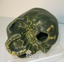 Arts & Crafts Style Matte Green Mottled Drip Art Pottery Life Size Human Skull