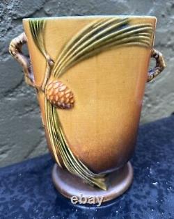 Arts & Crafts roseville Art pottery pinecone vase twig handles 7.5