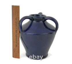 Arts & Crafts signed Cherokee Pottery 3 Handled Vase Cobalt Blue Louisville, KY