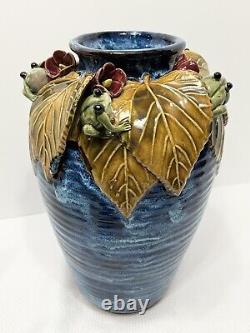 Arts and Crafts Majolica 12.5 Tall 3D Applied Frogs and Lily Pad Pottery Vase