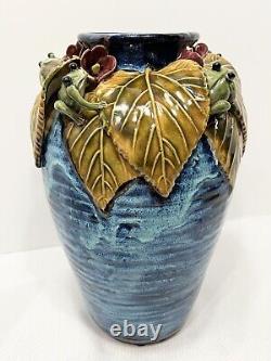 Arts and Crafts Majolica 12.5 Tall 3D Applied Frogs and Lily Pad Pottery Vase