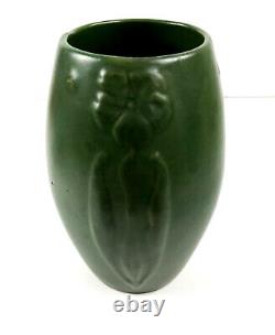 Arts and Crafts Zanesville Ohio Pottery Matte Green Stylized Flower Ovoid Vase