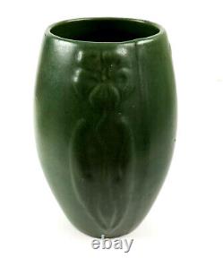 Arts and Crafts Zanesville Ohio Pottery Matte Green Stylized Flower Ovoid Vase