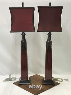 BOMBAY Vtg Pair Drip Glaze Pottery Buffet Lamps Arts & Crafts Deco MCM Red Brown