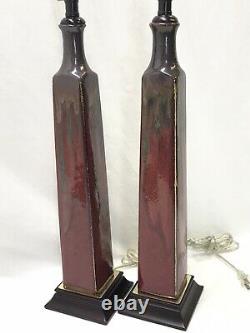 BOMBAY Vtg Pair Drip Glaze Pottery Buffet Lamps Arts & Crafts Deco MCM Red Brown