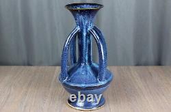 Blue handled/buttressed pottery vase, Arts & Crafts style drip glaze, 15.75