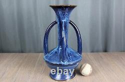 Blue handled/buttressed pottery vase, Arts & Crafts style drip glaze, 15.75