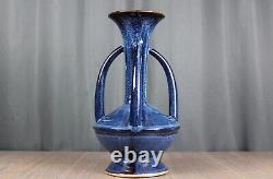 Blue handled/buttressed pottery vase, Arts & Crafts style drip glaze, 15.75