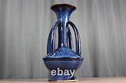 Blue handled/buttressed pottery vase, Arts & Crafts style drip glaze, 15.75