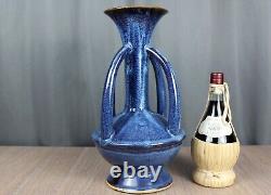 Blue handled/buttressed pottery vase, Arts & Crafts style drip glaze, 15.75