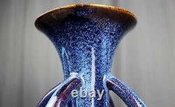 Blue handled/buttressed pottery vase, Arts & Crafts style drip glaze, 15.75