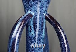 Blue handled/buttressed pottery vase, Arts & Crafts style drip glaze, 15.75