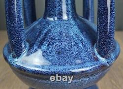 Blue handled/buttressed pottery vase, Arts & Crafts style drip glaze, 15.75