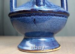 Blue handled/buttressed pottery vase, Arts & Crafts style drip glaze, 15.75