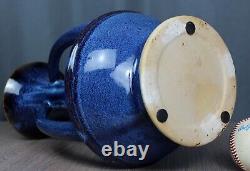 Blue handled/buttressed pottery vase, Arts & Crafts style drip glaze, 15.75