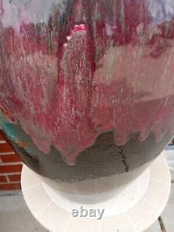 Buff Clay (Midwest) Arts Crafts Oil Jar Vase HUGE Purple Lava Drip