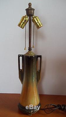 C Antique Arts & Crafts Pottery Lamp Double Handles Great Glaze