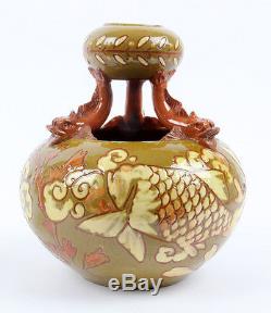 C. H Brannam 1894 Double Gourd Arts and Crafts Pottery Vase Dolphin Supports