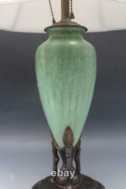 C1910 Arts & Crafts Green Pottery Table Lamp Early Deco Mounted Metal Base