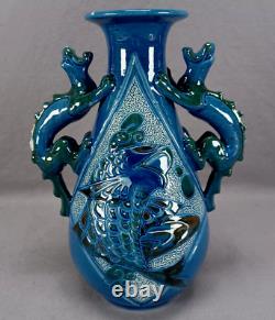 CH Brannam Blue & Green Arts & Crafts Art Pottery Fish Vase With Dragon Handles