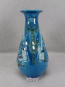 CH Brannam Blue & Green Arts & Crafts Art Pottery Fish Vase With Dragon Handles