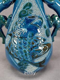 CH Brannam Blue & Green Arts & Crafts Art Pottery Fish Vase With Dragon Handles