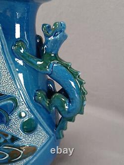 CH Brannam Blue & Green Arts & Crafts Art Pottery Fish Vase With Dragon Handles