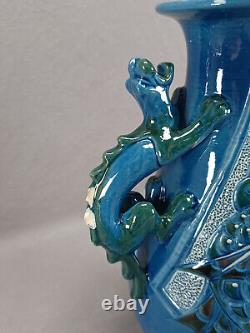 CH Brannam Blue & Green Arts & Crafts Art Pottery Fish Vase With Dragon Handles