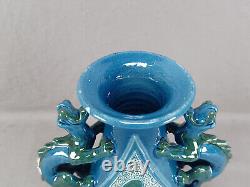 CH Brannam Blue & Green Arts & Crafts Art Pottery Fish Vase With Dragon Handles