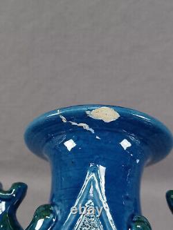 CH Brannam Blue & Green Arts & Crafts Art Pottery Fish Vase With Dragon Handles