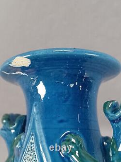 CH Brannam Blue & Green Arts & Crafts Art Pottery Fish Vase With Dragon Handles