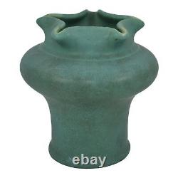 Camark 1920s Vintage Arts And Crafts Pottery Matte Green Pinched Star Rim Vase
