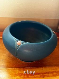 Chris Powell marked Blue w Carved Pink Rose Bud Art Pottery Arts & Crafts Cabine