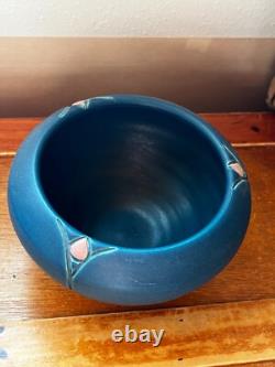 Chris Powell marked Blue w Carved Pink Rose Bud Art Pottery Arts & Crafts Cabine