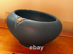 Chris Powell marked Blue w Carved Pink Rose Bud Art Pottery Arts & Crafts Cabine