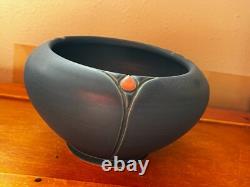 Chris Powell marked Blue w Carved Pink Rose Bud Art Pottery Arts & Crafts Cabine