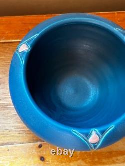 Chris Powell marked Blue w Carved Pink Rose Bud Art Pottery Arts & Crafts Cabine