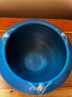 Chris Powell marked Blue w Carved Pink Rose Bud Art Pottery Arts & Crafts Cabine