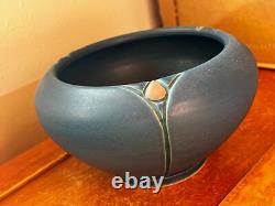 Chris Powell marked Blue w Carved Pink Rose Bud Art Pottery Arts & Crafts Cabine