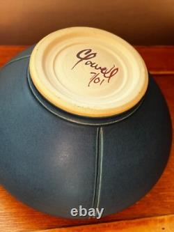 Chris Powell marked Blue w Carved Pink Rose Bud Art Pottery Arts & Crafts Cabine