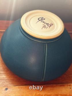 Chris Powell marked Blue w Carved Pink Rose Bud Art Pottery Arts & Crafts Cabine