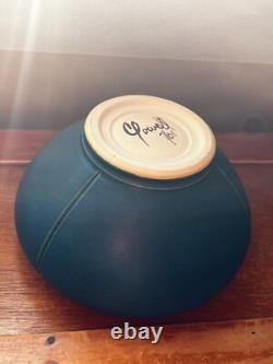 Chris Powell marked Blue w Carved Pink Rose Bud Art Pottery Arts & Crafts Cabine