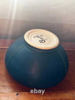 Chris Powell marked Blue w Carved Pink Rose Bud Art Pottery Arts & Crafts Cabine