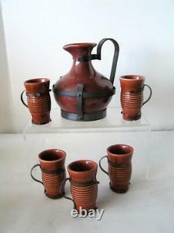 Circa 1940s Mission Arts & Crafts Coffee Carafe Set of 6 with metal cage holders