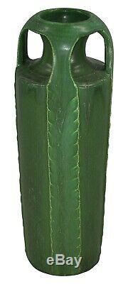 Door Pottery Four Handled Matte Green Arts and Crafts Vase