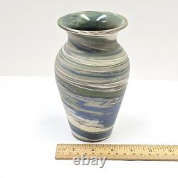 Early Niloak Mission Swirl Clay Pottery Vase 6.5 Green Blue Pre Mark