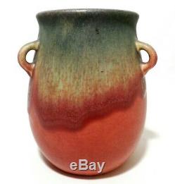 Early Weller Arts & Crafts Vint Drip Glazed, Tri-handled Fruit-tone Ceramic Vase
