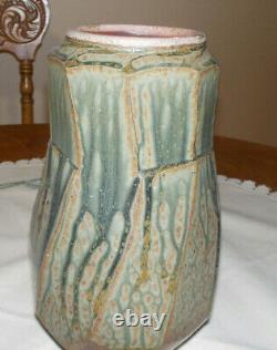 Ellen Shankin studio pottery arts & crafts tall vase woodash glaze with lid