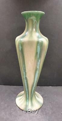 European Belgium Thulin Arts and Crafts Green and Tan Crystalline Vase, 12 MINT