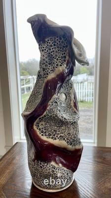 Exquisite Artist Signed Pottery Handmade Sculpted Vase Red Maroon Gray Cream
